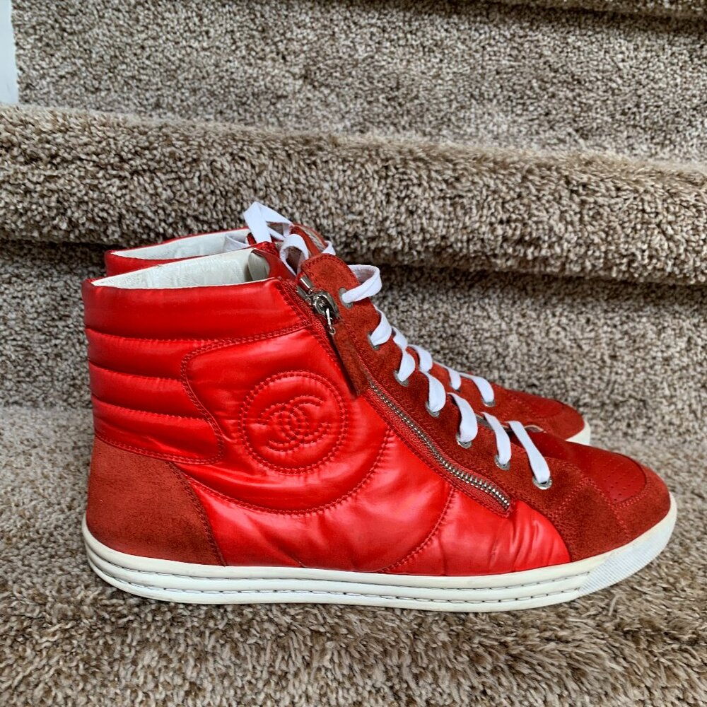 Chanel Women's Red Quilted Interlocking CC Logo Leather Suede High Tops Sneakers